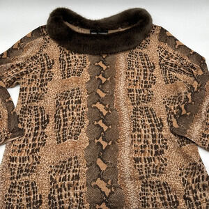 NORTON MCNAMUGHTON Womens L Brown Snake Print Fur Trimmed Silk Sweater Top